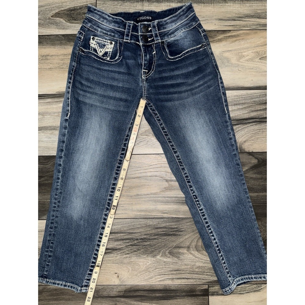 VIGOSS Capri Heritage Fit Jeans Women's 2 Inseam 21 Distressed Blue Denim Y2K Ho